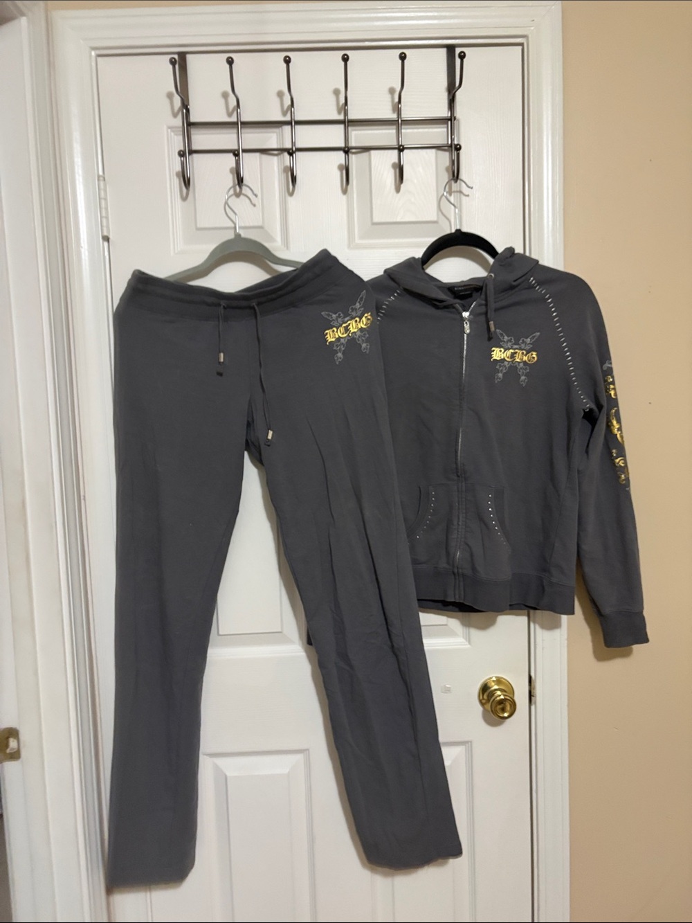 BCBG Charcoal Gray Zip Hoodie & Joggers Set with Yellow Accents
